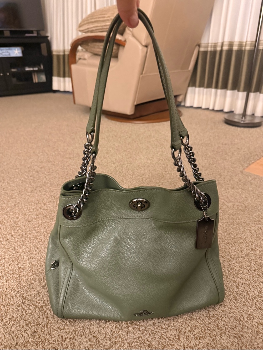 Coach Green Pebbled Leather Shoulder Bag with Chain Straps